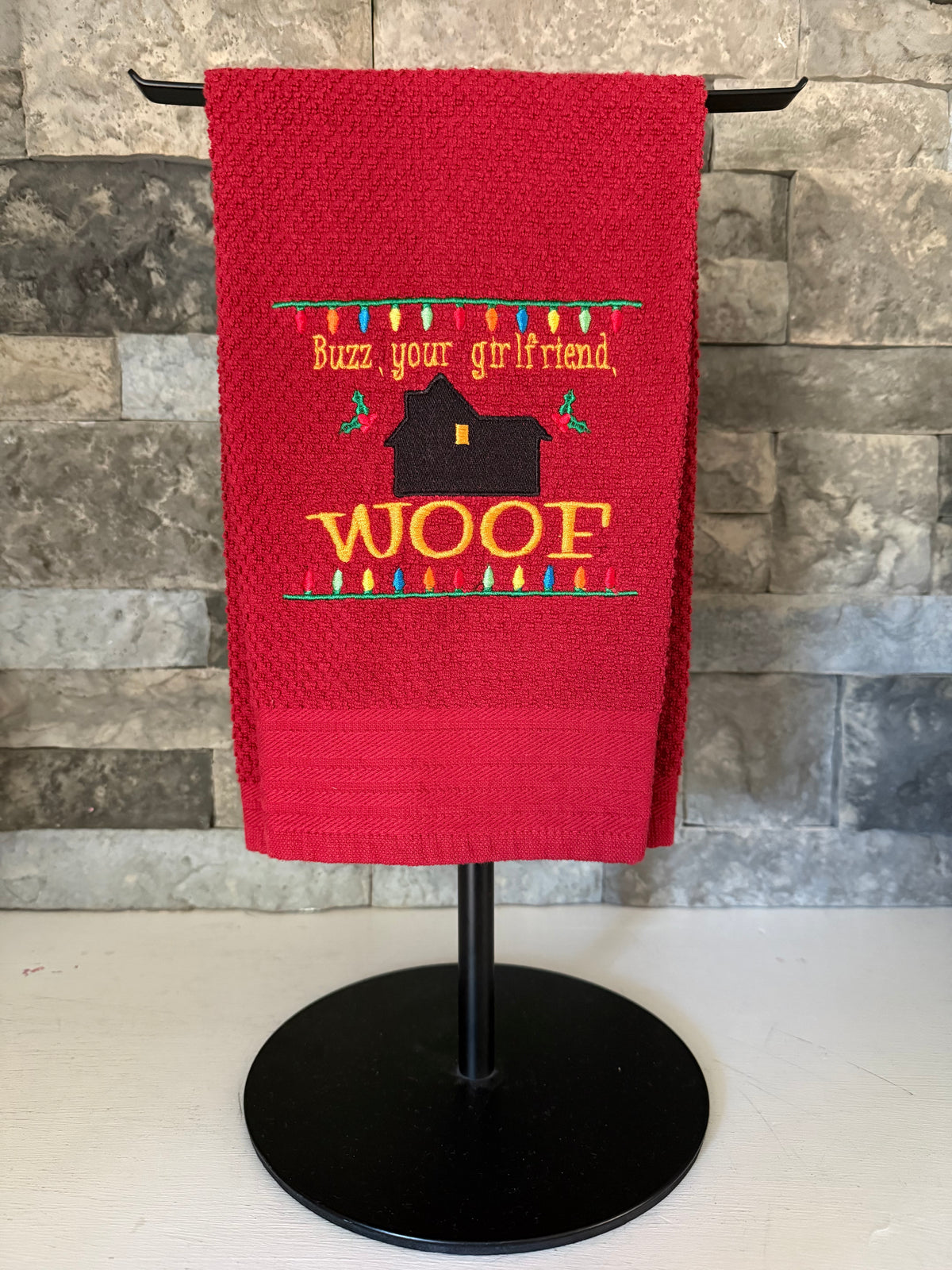 Buzz, Your Girlfriend, WOOF - Home Alone-inspired Embroidered Towel