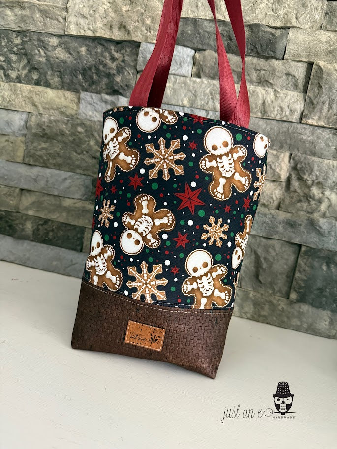 Wine Tote - Growler Tote - Skeleton Gingerbread Man  - Merry Creepmas Tote