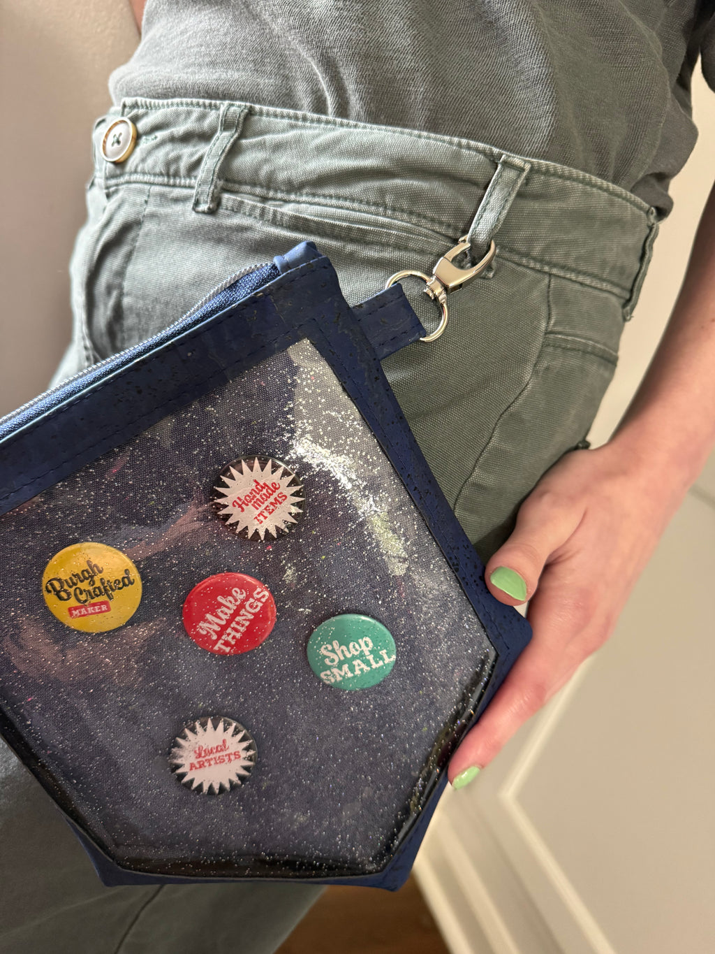 Presentation Pin Pouch - Denim Blue Cork Clear-Front Bag
