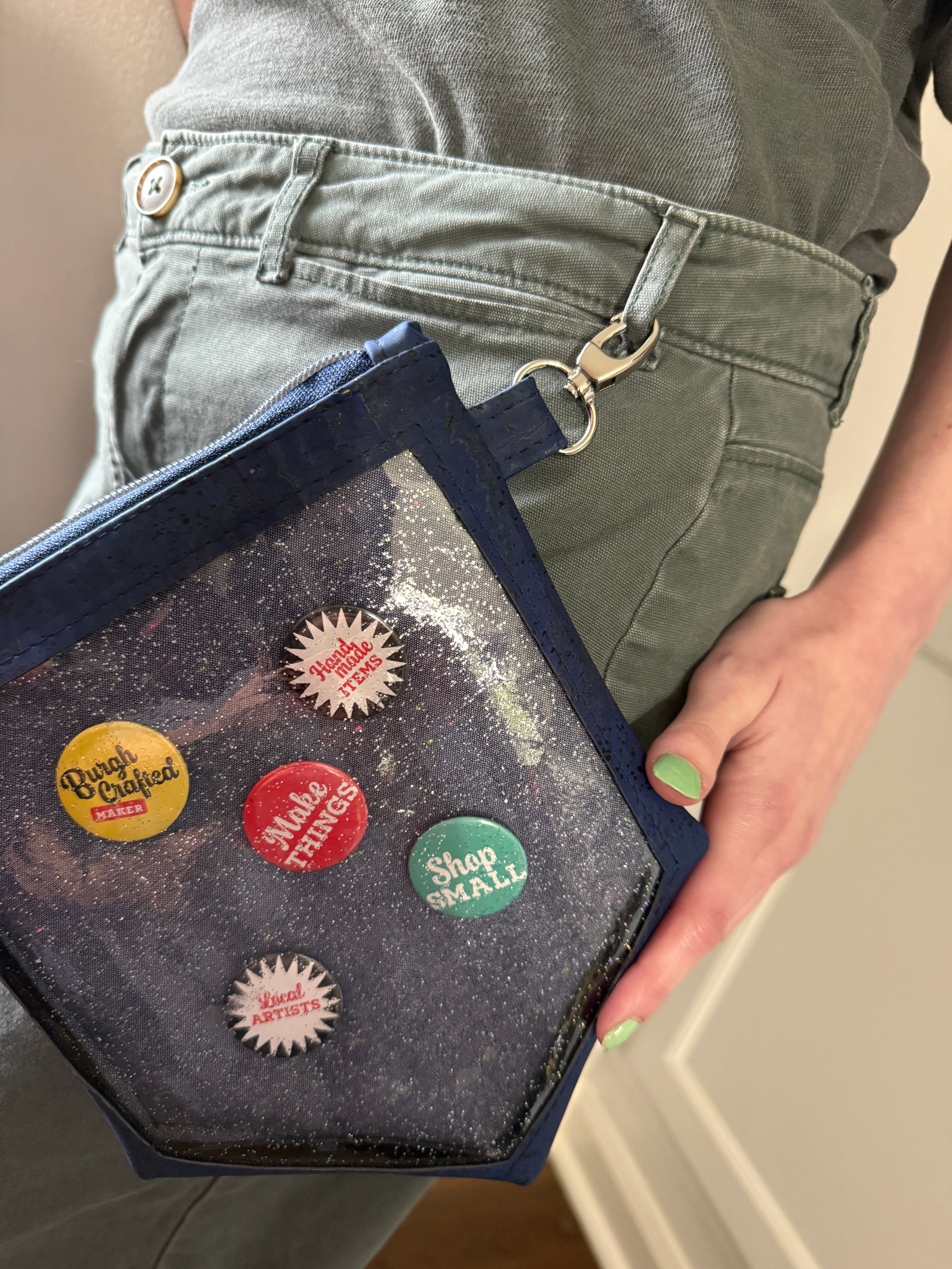 Presentation Pin Pouch - Denim Blue Cork Clear-Front Bag