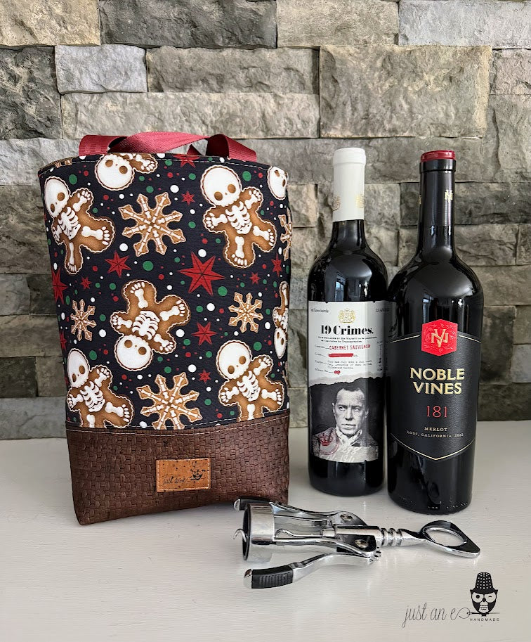 Wine Tote - Growler Tote - Skeleton Gingerbread Man  - Merry Creepmas Tote
