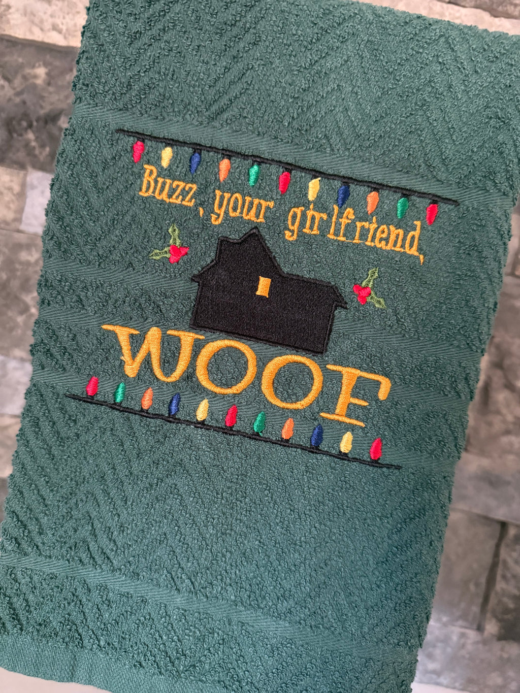 Buzz, Your Girlfriend, WOOF - Home Alone-inspired Embroidered Towel