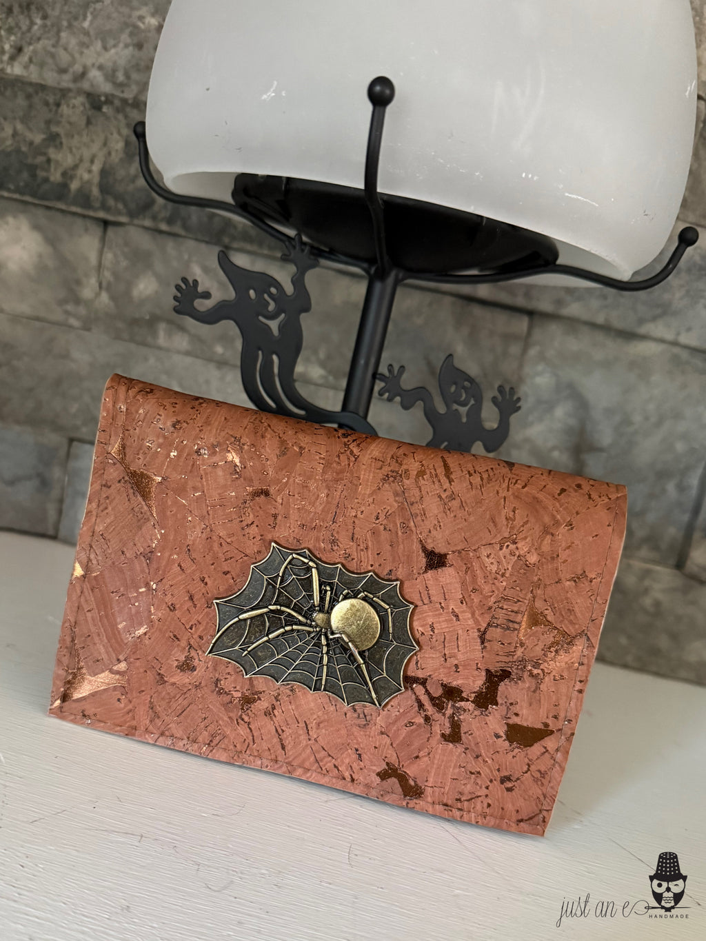 Bronze Metallic Marble Cork Discovery Wallet with Spider and Web Front Embellishment