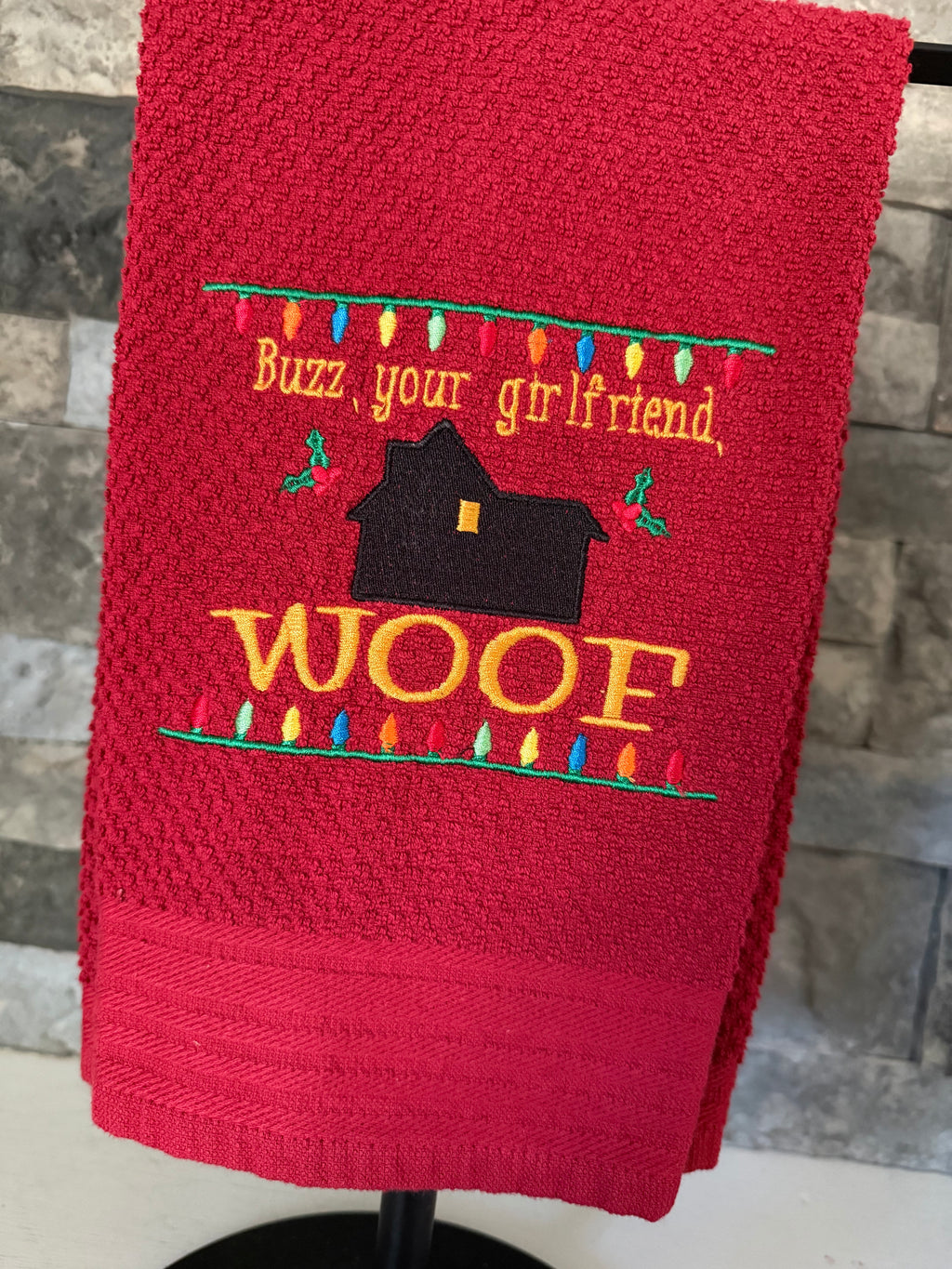 Buzz, Your Girlfriend, WOOF - Home Alone-inspired Embroidered Towel