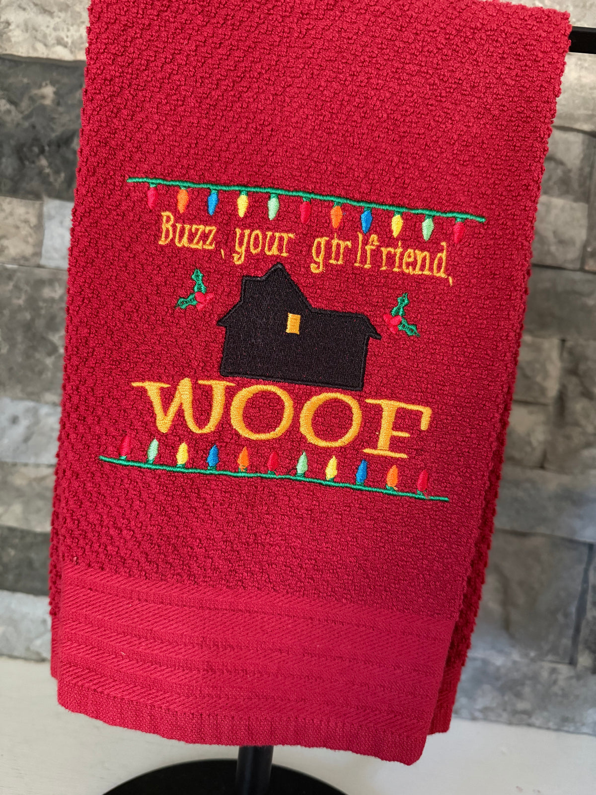 Buzz, Your Girlfriend, WOOF - Home Alone-inspired Embroidered Towel