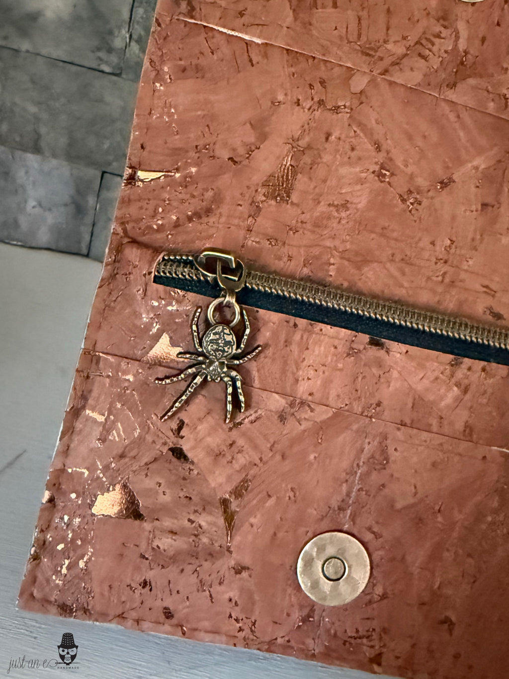 Bronze Metallic Marble Cork Discovery Wallet with Spider and Web Front Embellishment