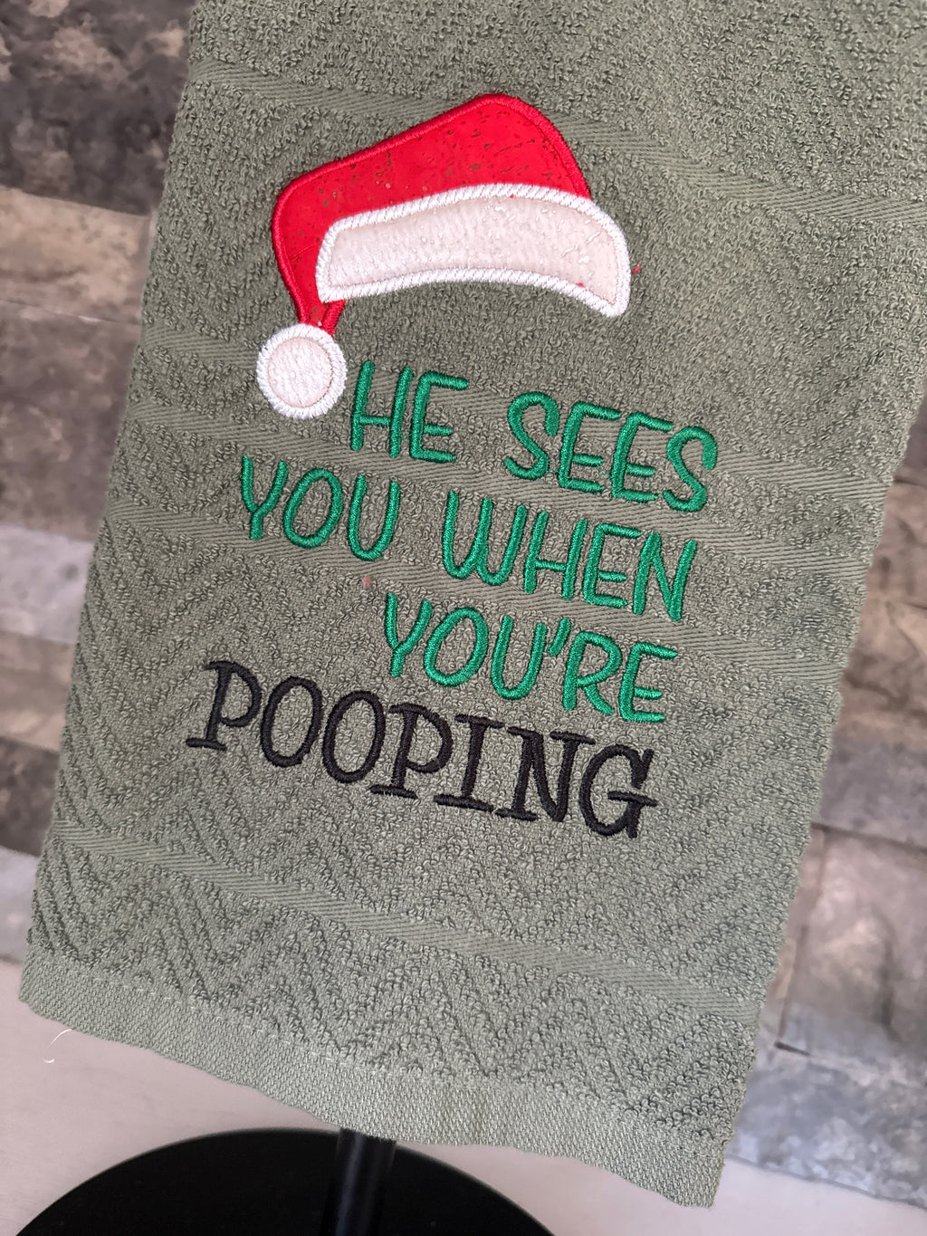 He Sees You when You're Pooping Towel - Funny Embroidered Towel - Santa Hat