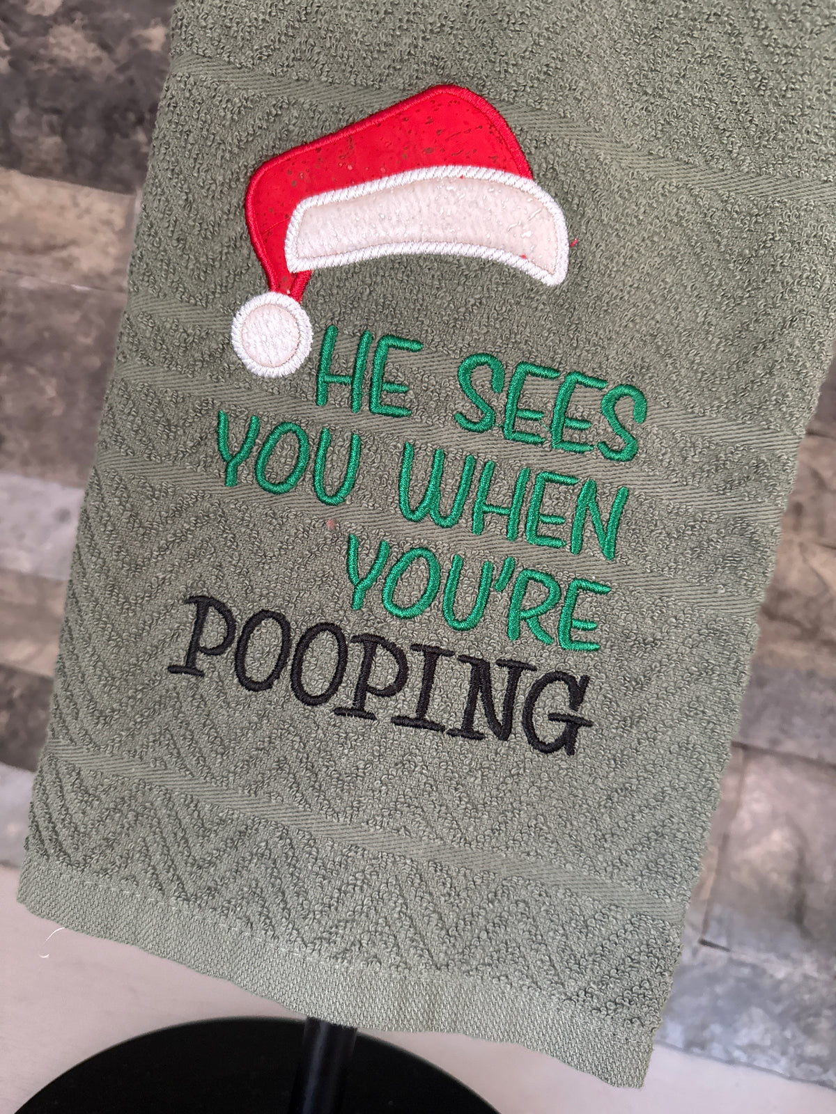 He Sees You when You're Pooping Towel - Funny Embroidered Towel - Santa Hat