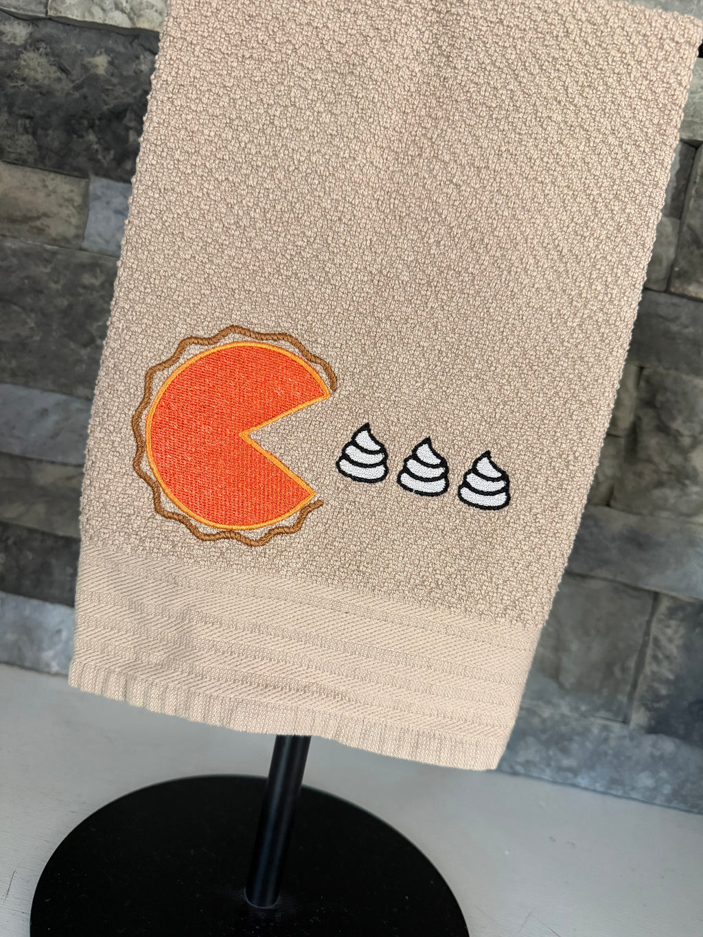 Pac Pie Thanksgiving Pumpkin Pie and Whipped Cream Embroidered Towel