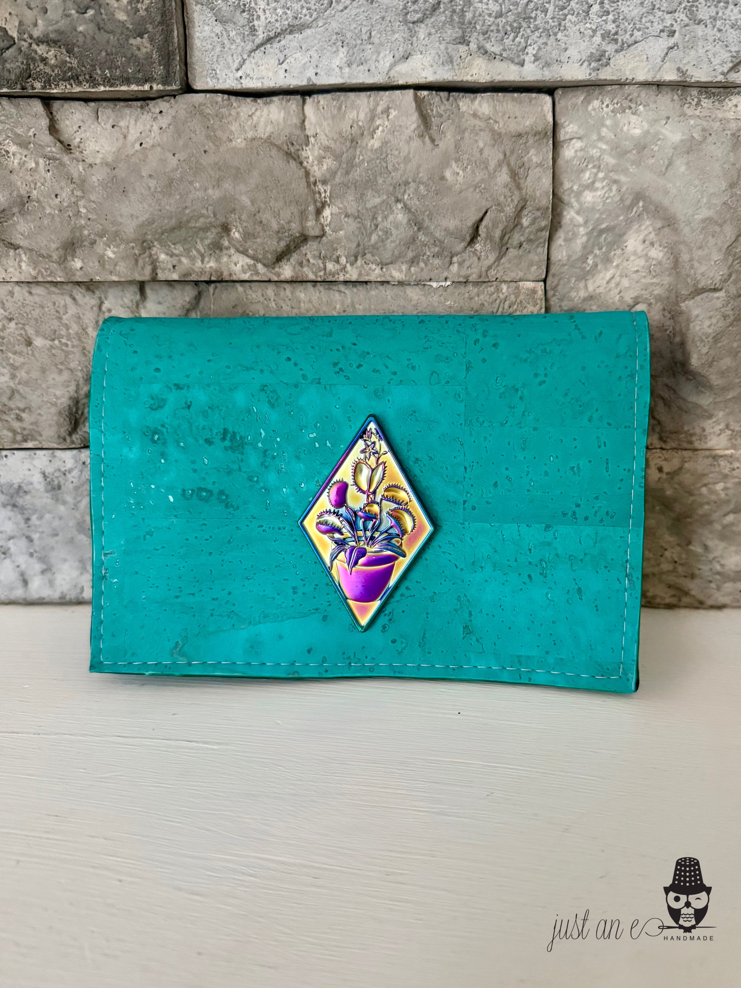 Aquamarine Cork Discovery Wallet with Venus Fly Trap Embellishment