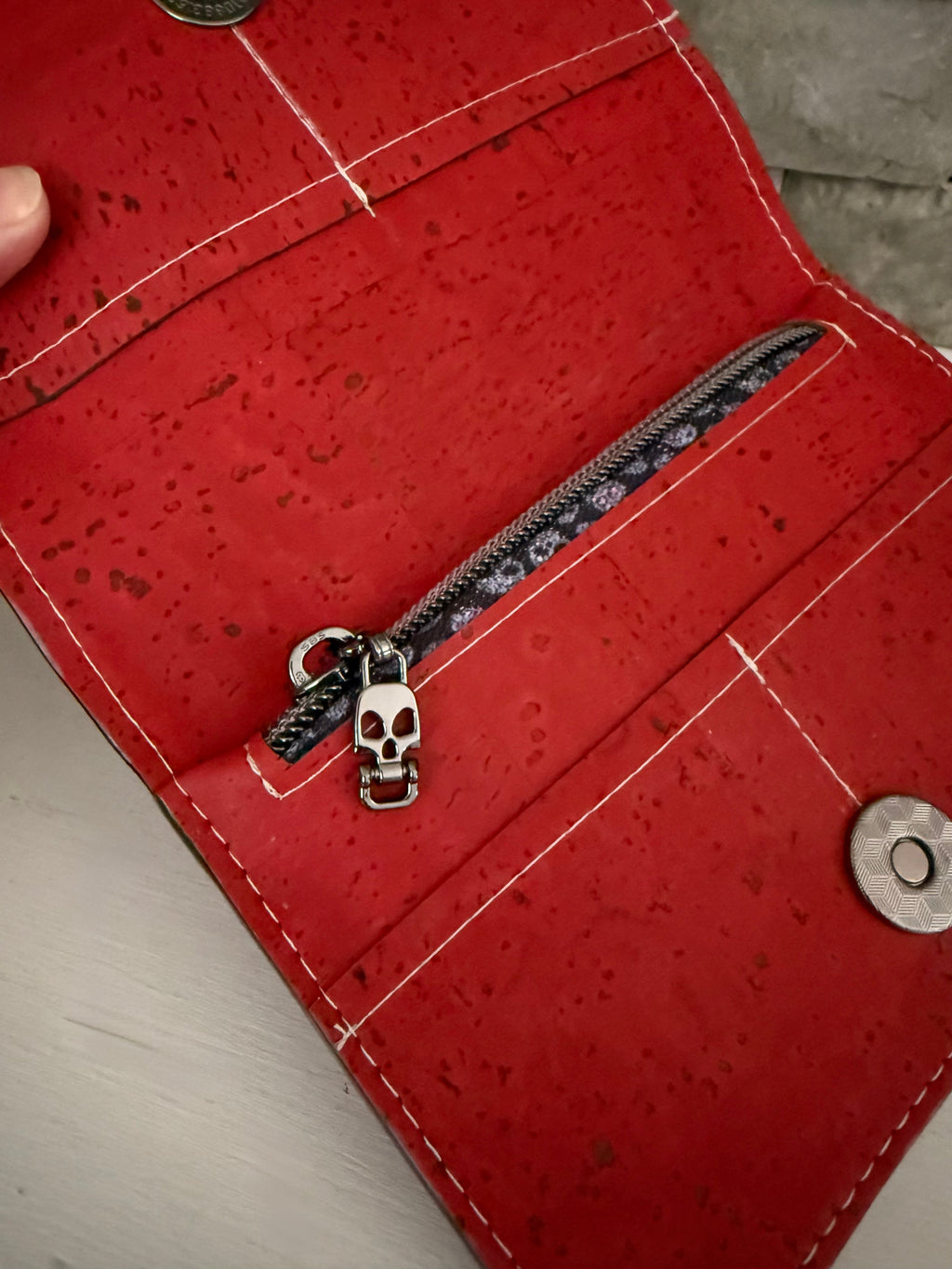 Tomato Red Discovery Cork Wallet with Skeleton Front Embellishment