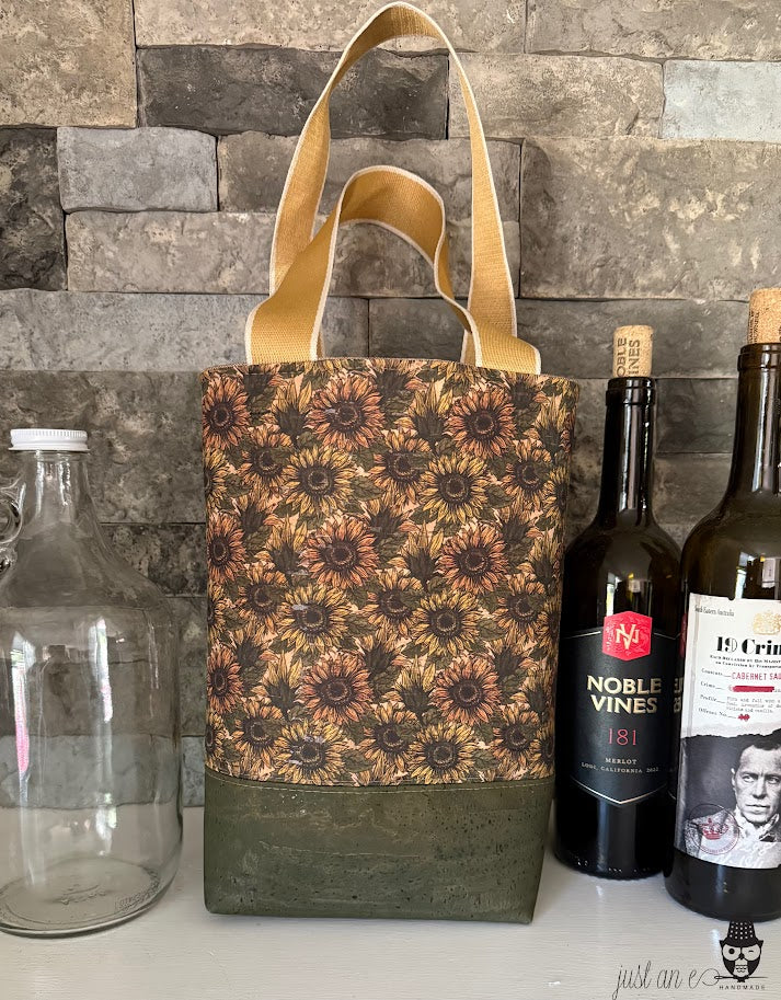 Wine Tote - Growler Tote - Sunflower Print Cork Tote