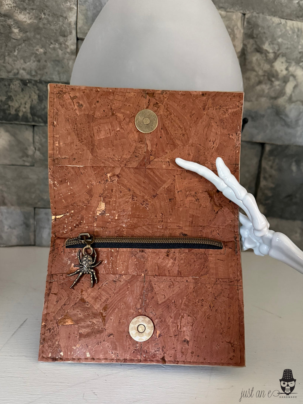 Bronze Metallic Marble Cork Discovery Wallet with Spider and Web Front Embellishment