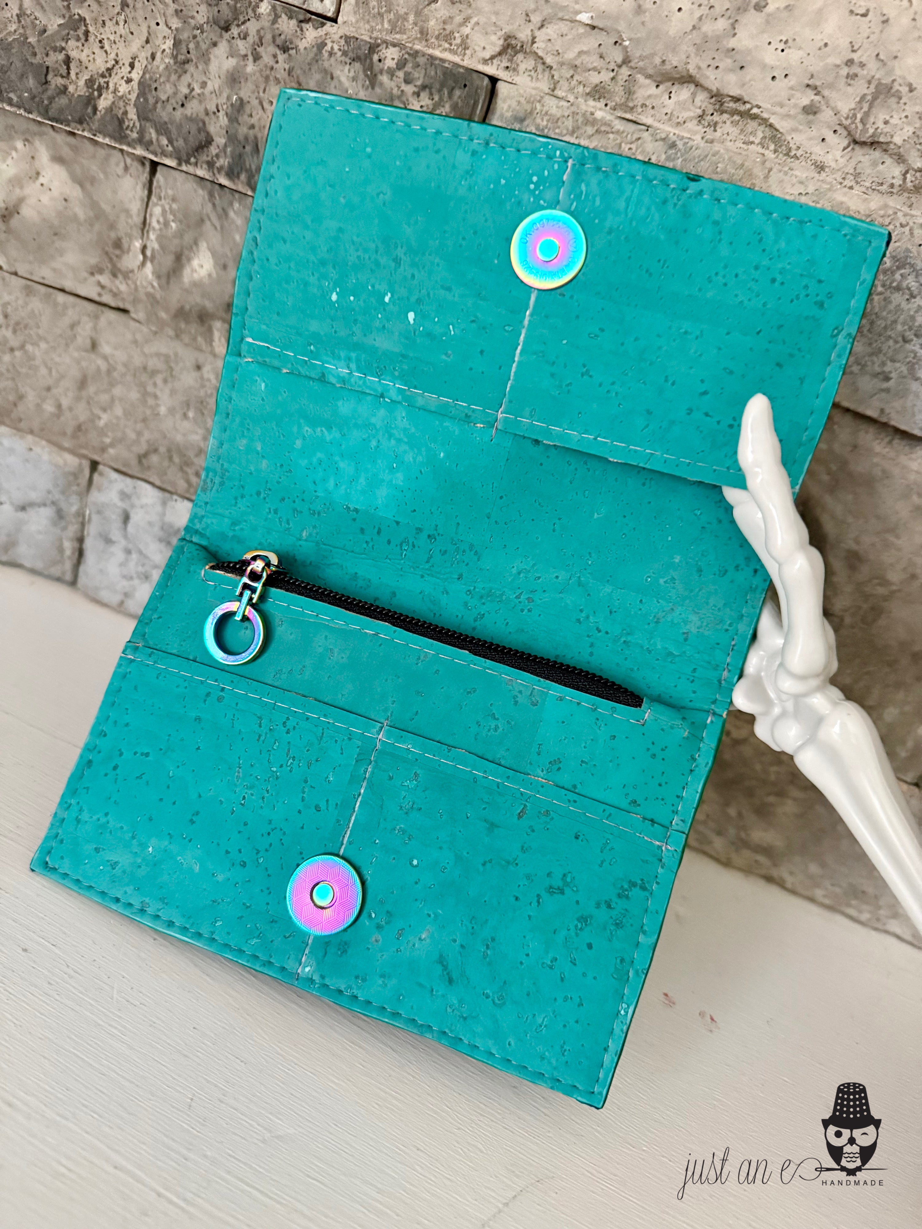 Aquamarine Cork Discovery Wallet with Venus Fly Trap Embellishment