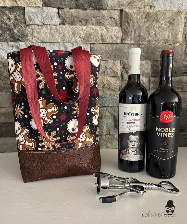 Wine Tote - Growler Tote - Skeleton Gingerbread Man  - Merry Creepmas Tote