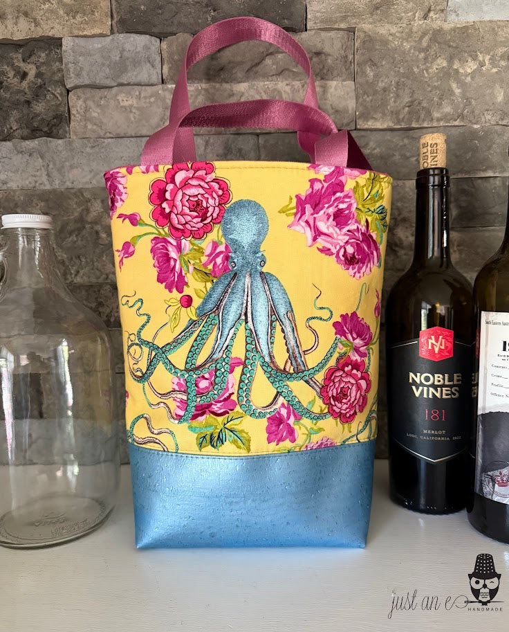 Wine Tote - Growler Tote - Octopus and Floral Tote