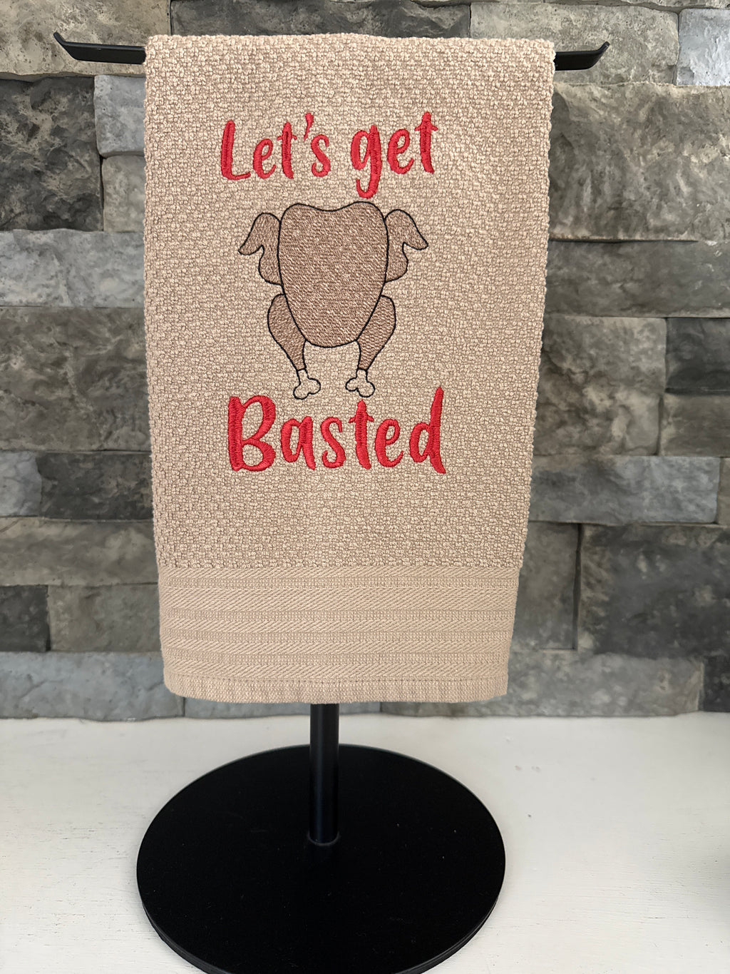 Let's Get Basted Thanksgiving Turkey Embroidered Towel