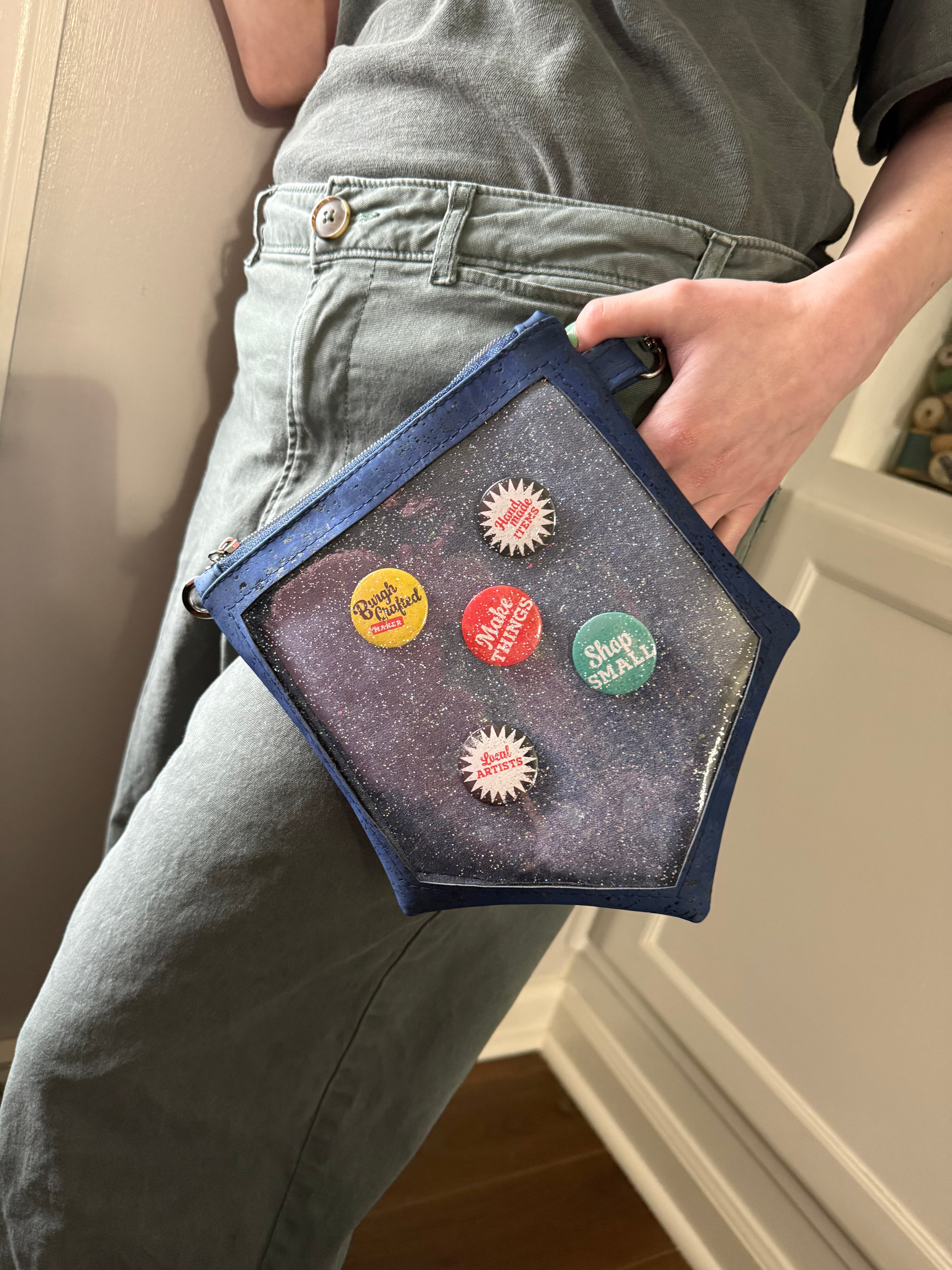 Presentation Pin Pouch - Denim Blue Cork Clear-Front Bag