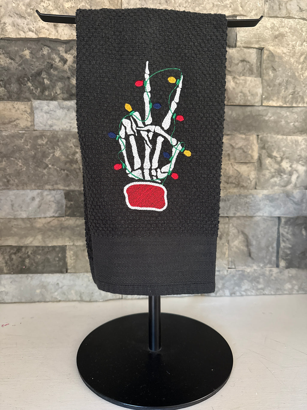 Peace Skeleton Hand with Christmas Lights Embroidered Towel