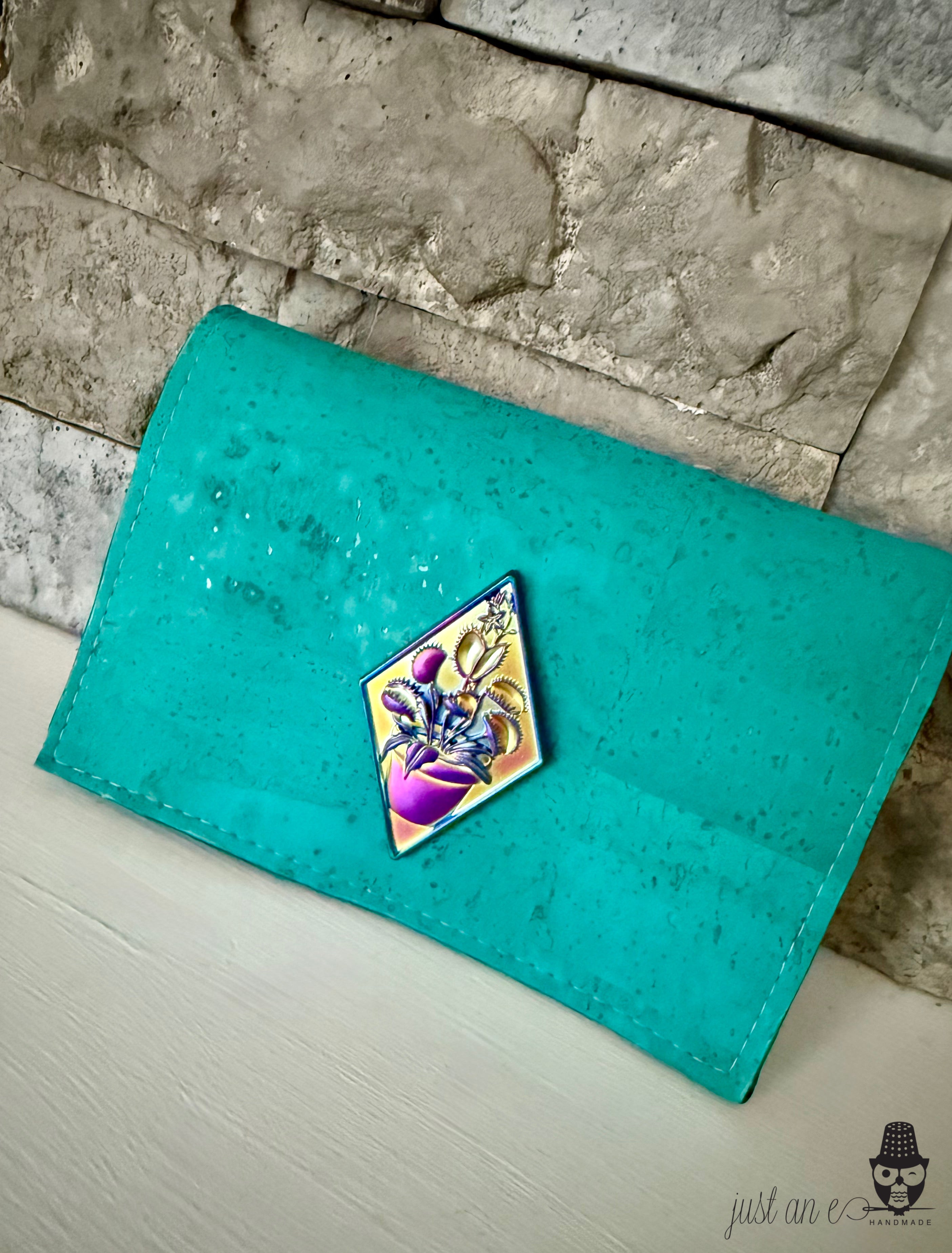 Aquamarine Cork Discovery Wallet with Venus Fly Trap Embellishment