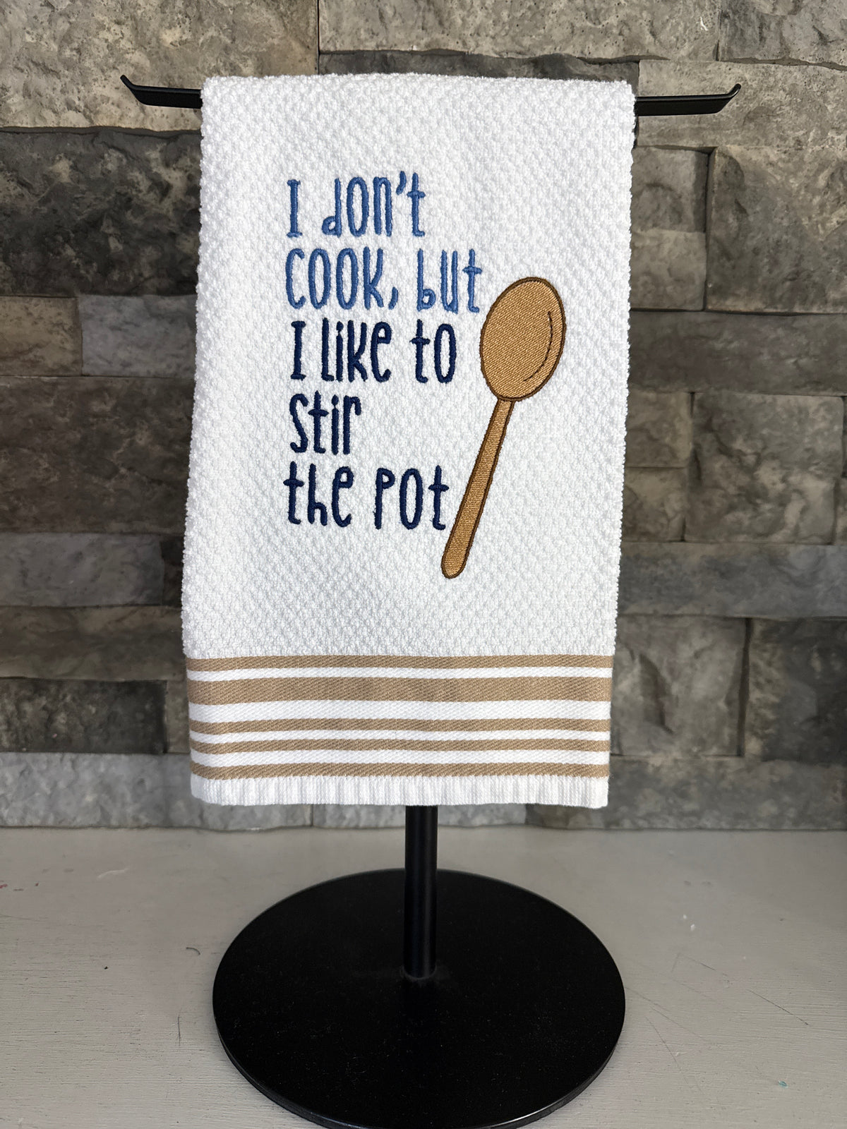 I Don't Cook, But I Like to Stir the Pot Embroidered Towel
