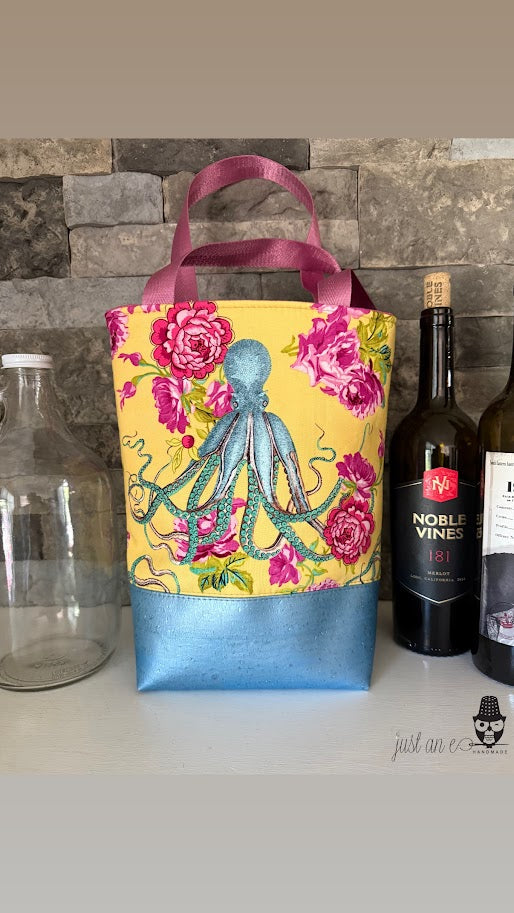 Wine Tote - Growler Tote - Octopus and Floral Tote
