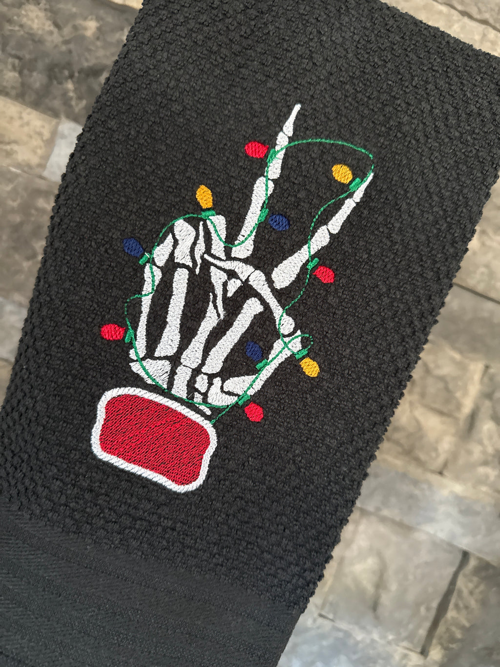 Peace Skeleton Hand with Christmas Lights Embroidered Towel