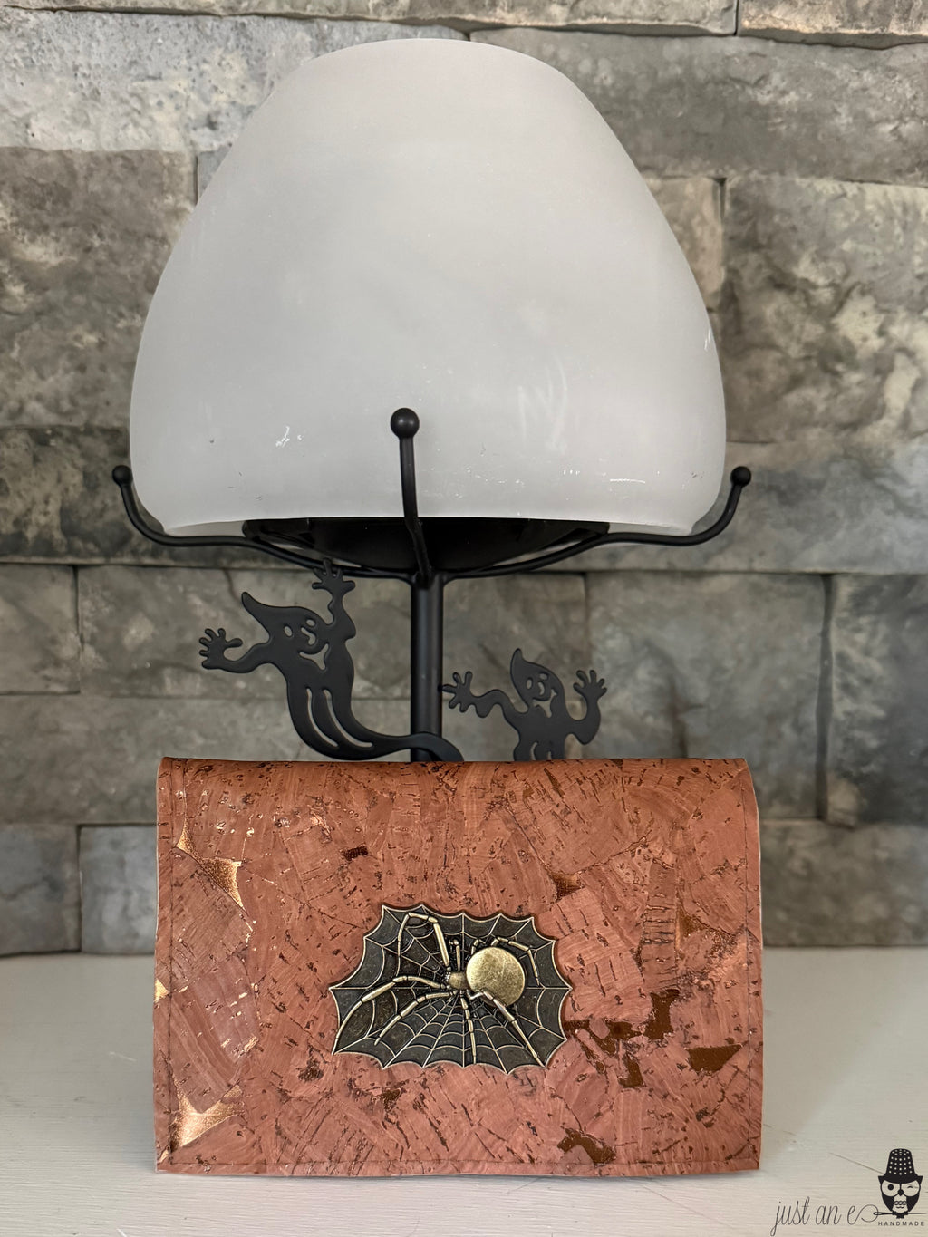 Bronze Metallic Marble Cork Discovery Wallet with Spider and Web Front Embellishment