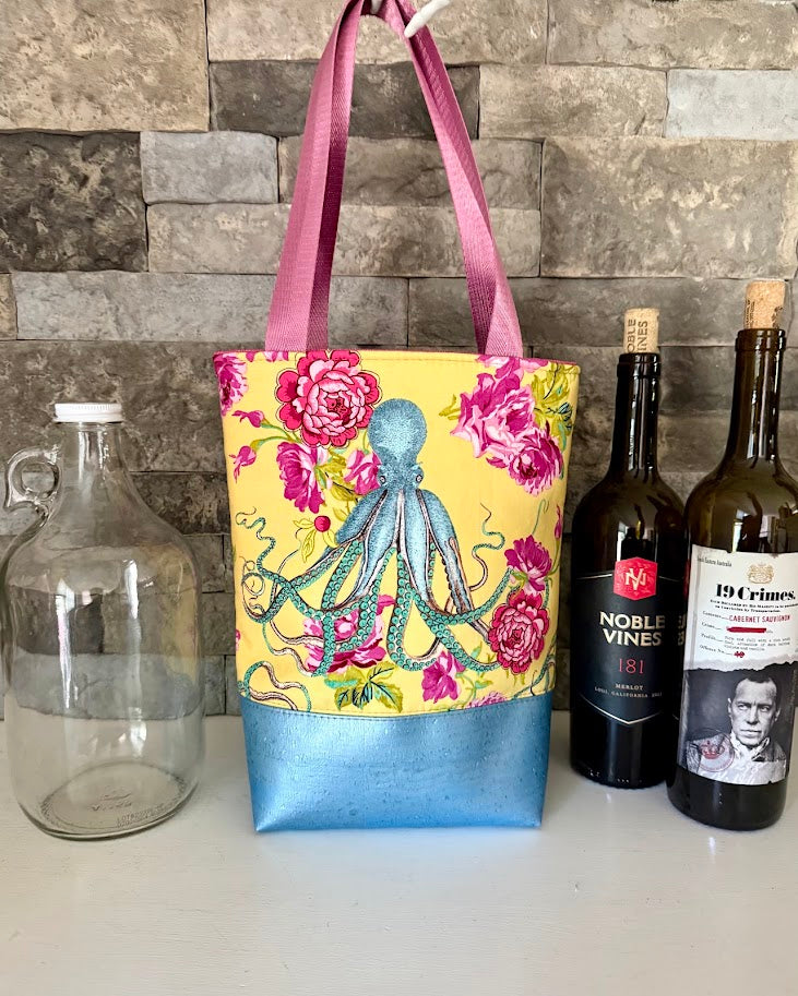 Wine Tote - Growler Tote - Octopus and Floral Tote