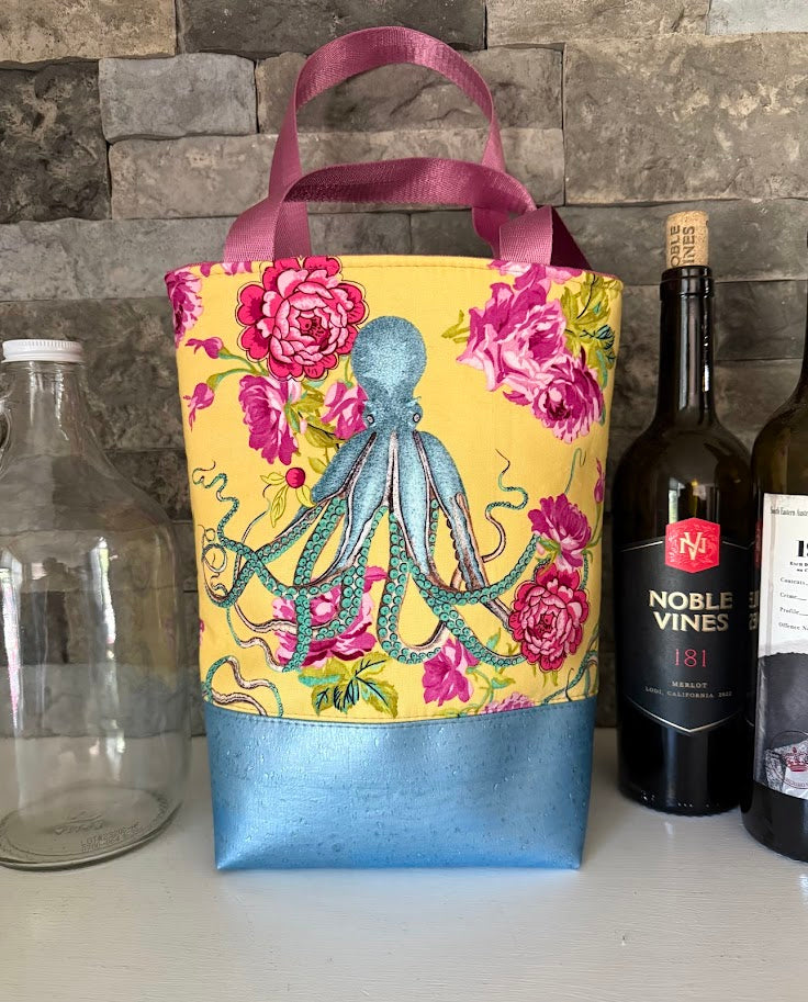 Wine Tote - Growler Tote - Octopus and Floral Tote