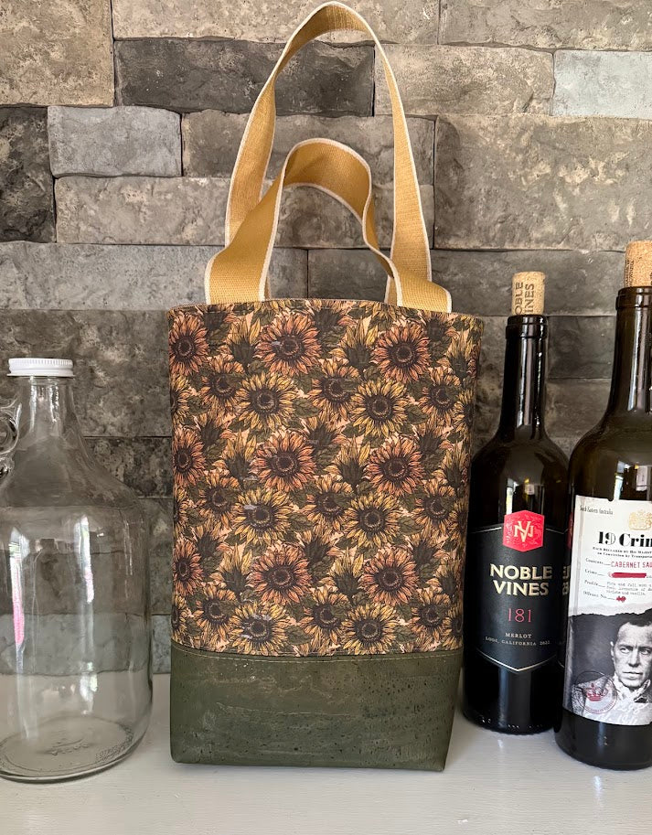 Wine Tote - Growler Tote - Sunflower Print Cork Tote