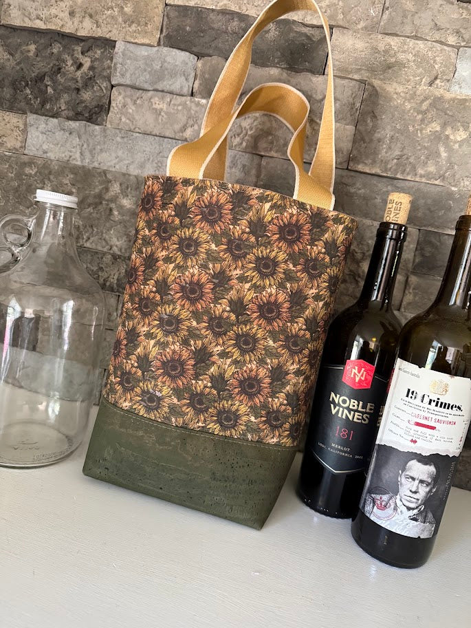 Wine Tote - Growler Tote - Sunflower Print Cork Tote