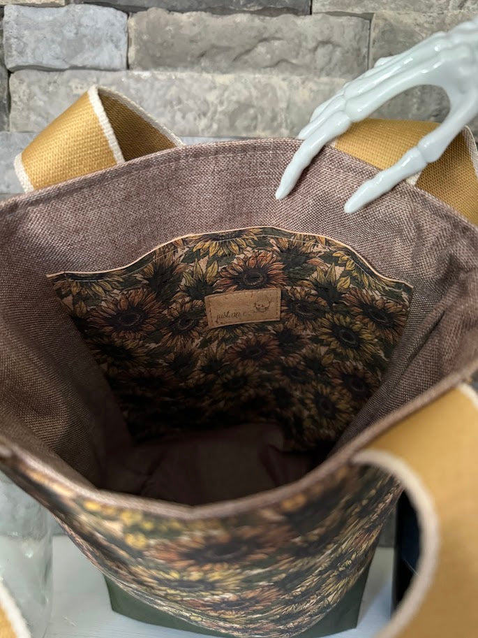Wine Tote - Growler Tote - Sunflower Print Cork Tote