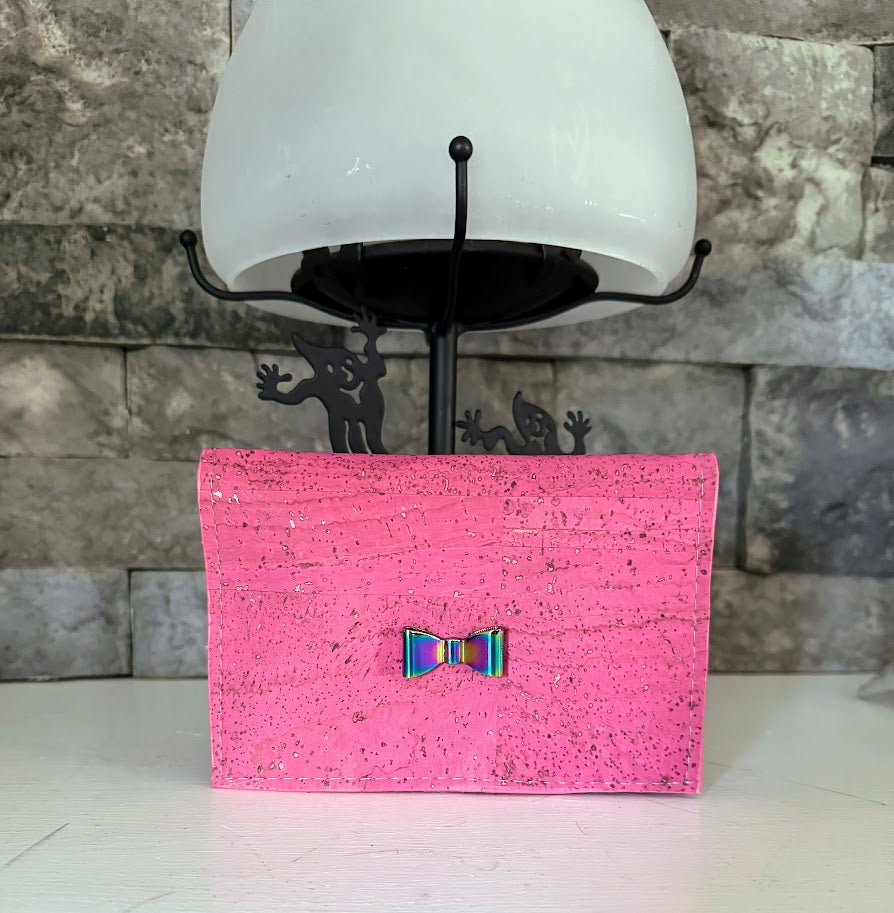 Pink Discovery Cork Wallet with Iridescent Bow Front Embellishment