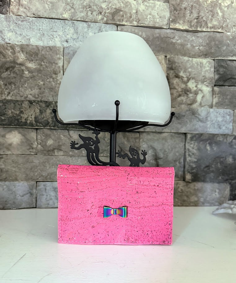 Pink Discovery Cork Wallet with Iridescent Bow Front Embellishment