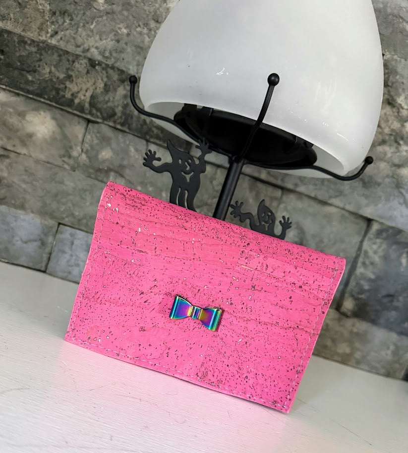 Pink Discovery Cork Wallet with Iridescent Bow Front Embellishment