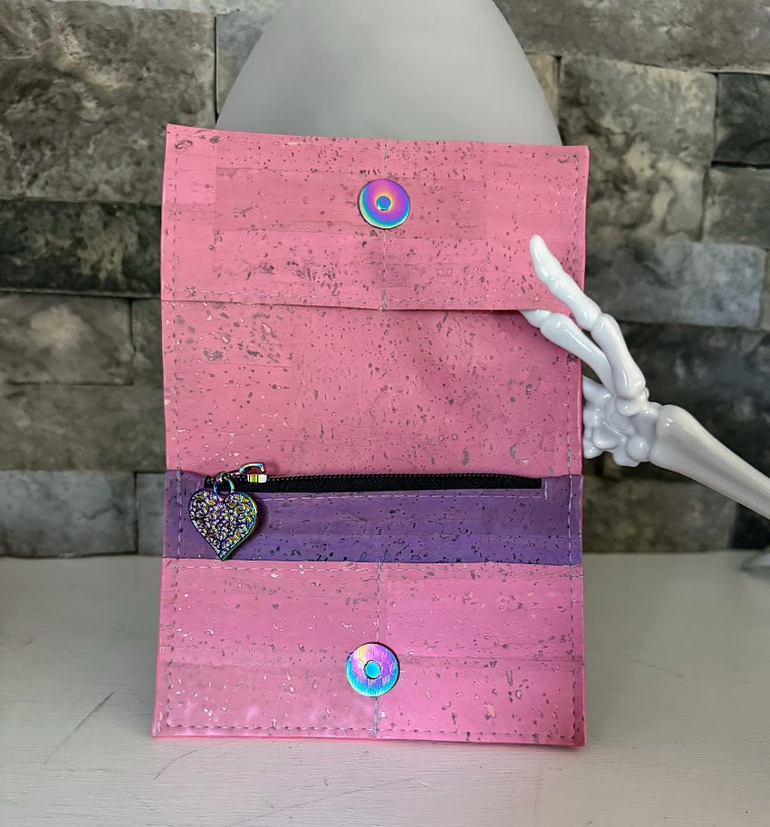 Pink Discovery Cork Wallet with Iridescent Bow Front Embellishment